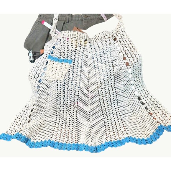CCC Handmade Crochet Lace Apron Pocket Blue Trim Vintage One Size Fits Most - Picture 2 of 5
